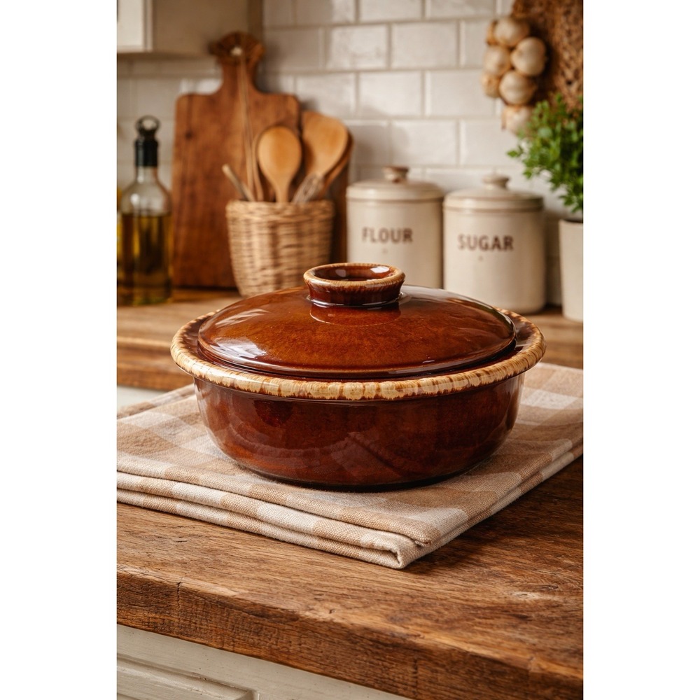 Vintage‎ Hull Pottery Brown Drip Glaze Crestone Covered Casserole Dish 7.75"